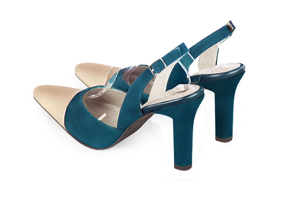 Women's gold and peacock blue elegant slingback heels. Tapered toe. High kitten heels - Rear view